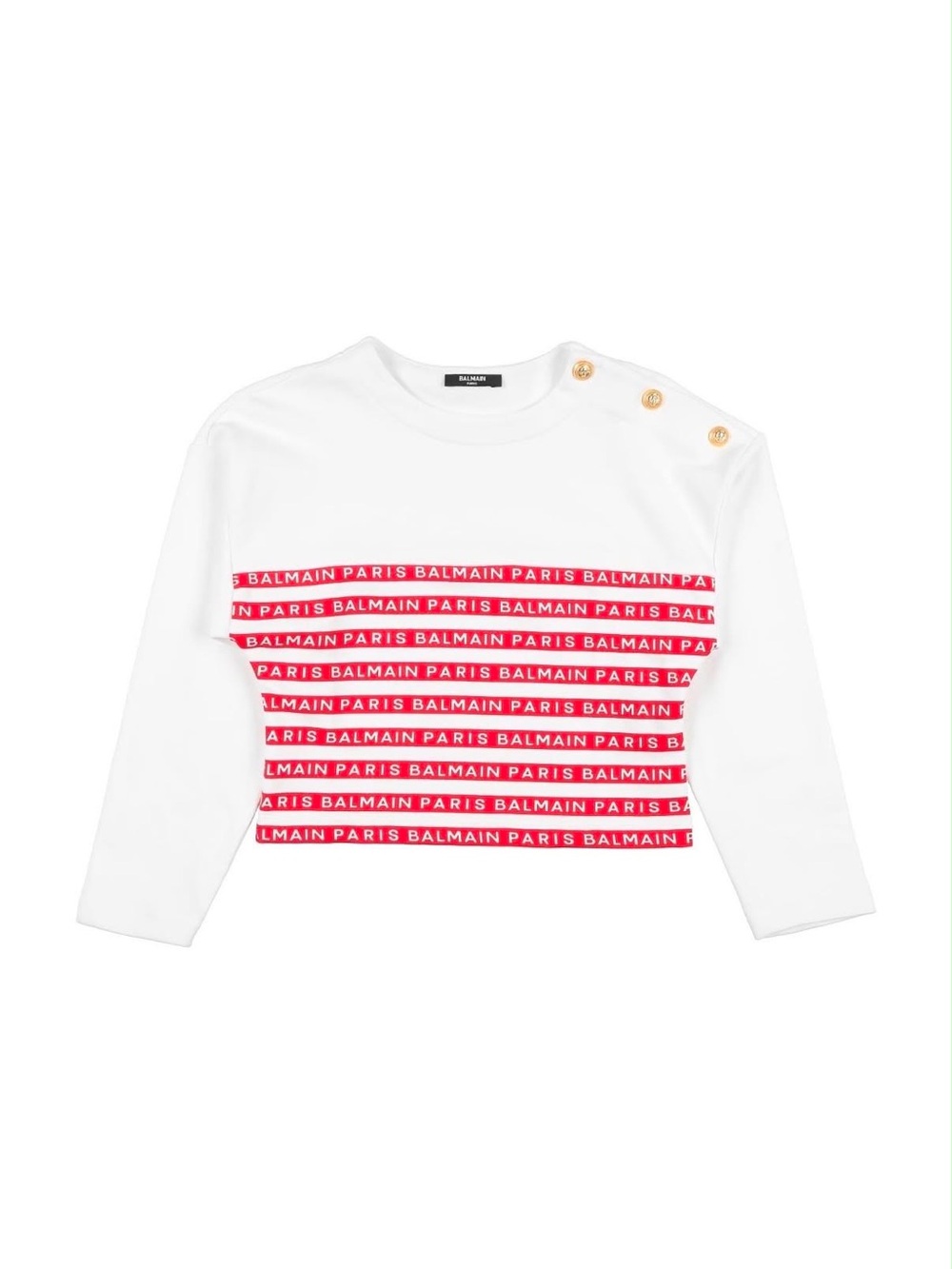 Balmain White Long Sleeve Tee with Red Logo Stripes